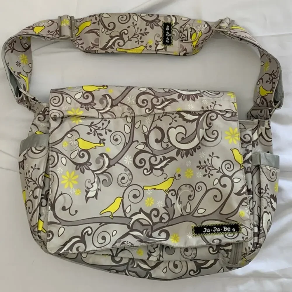 JuJuBe Diaper Bag Gray Yellow Chick Grey Bird Trees 13 Compartments Changing Mat